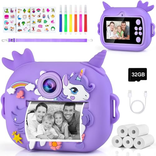 Appareil Photo Instantané Enfant Numériques pour 3-12 Ans Imprimante Camera + 5 Rouleaux Papier Thermique Impression Licorne Couleur Numerique Qui Imprime Mini Petit Cadeau Fille Jouet Anniversaire