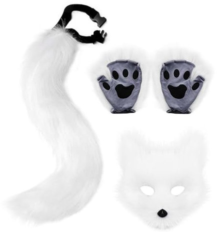 Marooma Cat Therian Masque et Queue, Masque Animal en Fourrure, Masque de Loup, Masque de Chat Blanc, Demi-Masque pour Mascarade, Masque de Chat Therian Wolf Therian Gear Tharian