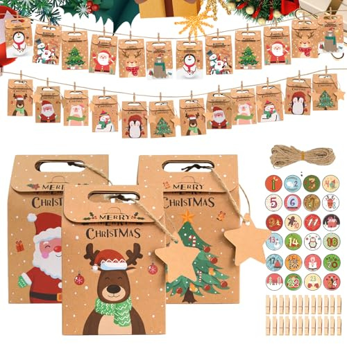 Calendrier de l'Avent à Remplir, 24 Sacs en Papier de Calendrier de l'Avent Vide à Remplir, Pochette avec Numérique Autocollants, DIY à Remplir Soi Même