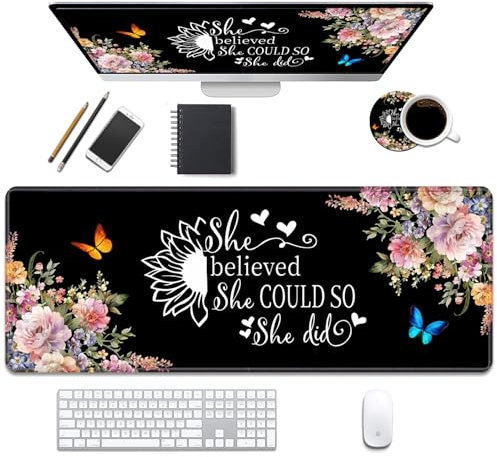 Schreibtischunterlage, Gaming-Mauspads mit Untersetzern, genähte Kanten, Design XL, großes Mauspad für Laptop, Computer, She Believed She Could So She Did, inspirierendes Zitat, Schreibtischunterlage