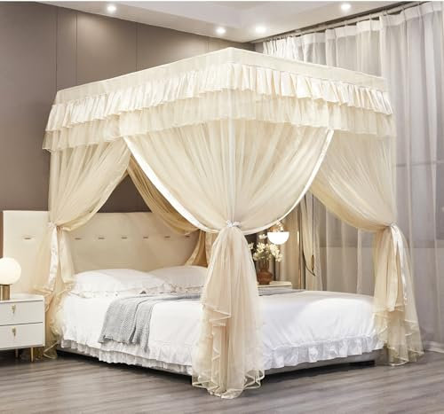 Mengersi Betthimmel, Bettvorhänge, Doppelgrößen, Betthimmel für Mädchen, königlich, luxuriös, gemütlich, Bettvorhänge, Mädchenzimmer-Dekoration (Elfenbein, Doppelbett)