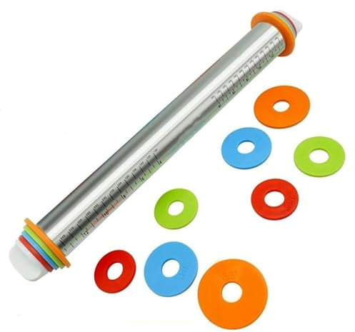 PEYNIR mattarello Perni rotanti Mattarello Regolabile con Anelli di Spessore per La Cottura, Acciaio Inox Disegni Rullo Perni di Pasta per La Cottura Forniture, Rullo per Torta Fondente