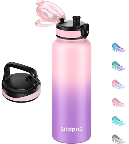 GOPPUS 1.2L/40ozTrinkflasche Edelstahl mit Strohhalm Infuser 2 Deckel BPA-frei Auslaufsicher Kohlensäure geeignet Wasserflasche Fahrrad Thermosflasche Isoliert Isolierflasche Sport Wasser Flasche Tee
