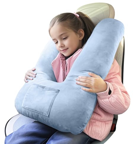 Cococu Travel Pillow for Kids & Adults, Car Pillow for Back Seat, Sleeping Support Cushion for Long Road Trips, Toddler Carseat Pillow with Removable & Washable Cover, Blue