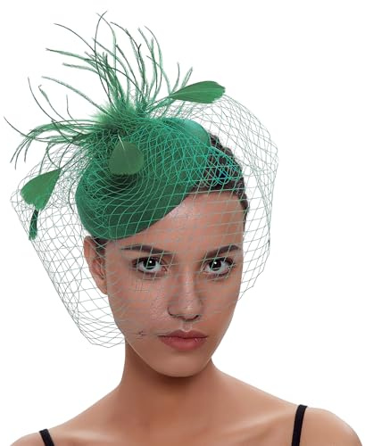 DRESHOW Fascinator Hüte für Damen Pillbox Hut mit Schleier Stirnband und Einer Gegabelten Clip Tea Party Kopfbedeckung