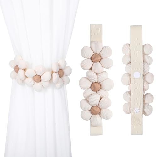 LongHoneySong 2 Stück Vorhang Raffhalter, Gardinen Gardinenband, Gänseblümchen Deko, Blumen Vorhang-Raffhalter Deko Haus/Vorhang (Reis)