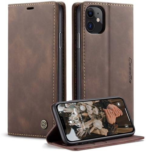 WJXEXRS Cover per iPhone 11 6,1 Pollici, Custodia in Pelle Premium, Supporto Slot per Schede, Portafoglio Kickstand Flip Wallet Magnetica Custodie Porta Carte, Adatto per iPhone 11 - Caffè