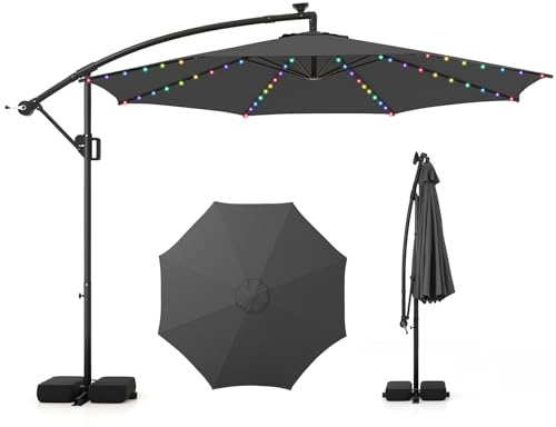 GYMAX Ombrellone da Balcone 3x3 M, Ombrellone Decentrato Laterale Roma Inclinabile, 40 Perle Luci LED Solari Luminose, con Manovella, Giardino Patio Terrazzo Caffetteria Ristorante
