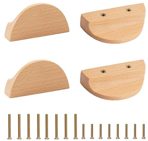 MOROBOR Halbmond-Schubladengriffe, 4 Stück Halbmond-Holzgriffe aus Buchenholz, Schrankbeschläge mit zwei Löchern für Kleiderschrankschubladen