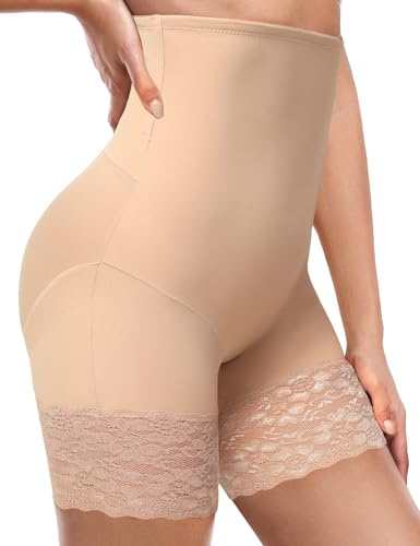 Wiepux Femme Culotte Gainante Ventre Plat Invisible Short Taille Haute Panty Gainant Shorty Anti Frottement Cuisse Minceur Shapewear Dentelle Shorts Sculptantes Confortable(Nude,XXL)