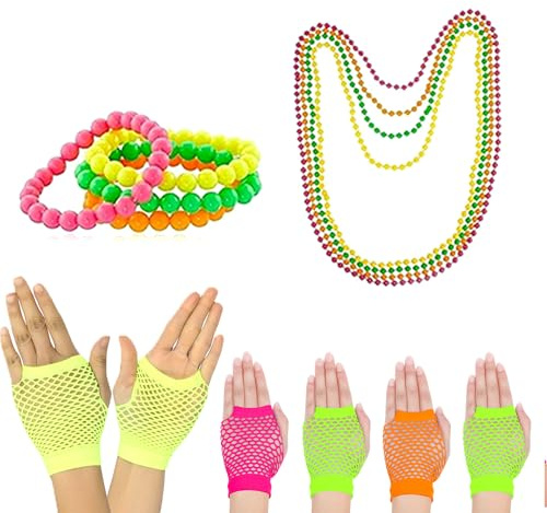 XcnPer 80s Accessories for Women, 12-Piece Retro Fancy Dress Set with Neon Jewelry, Perfect for Parties and Music Festivals, Includes 4 Necklaces 4 Bracelets 4 Fishnet Gloves
