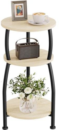 Yuede Beistelltisch rund, Kleiner Runder Tisch 3 Ebenen, Couchtisch klein mit Aufbewahrung, Nachttisch, Kaffeetisch, Sofatisch für Wohnzimmer, Schlafzimmer, 30 x 55 cm, Metall, modern (Eichenfarbe)