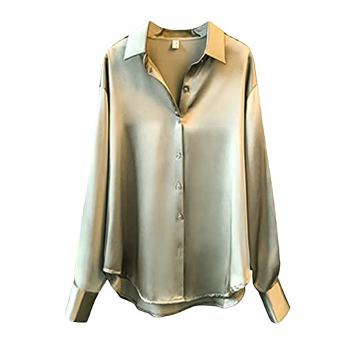 Uwdiohq Camisas Sueltas Informales con Botones para de Verano para Mujer, Camisas de Manga Larga de Color sólido, Tops Blusas Negras (Green, XXL)