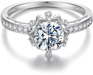 ZUOHUI 1 karat D-färgad moissanit solitärring for kvinnor - 925 sterlingsilver vigselring och förlovningsring med blommönster | Glittrande present till henne (storlek 6/7/8 US)(6)