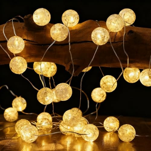 ALEGRE Kristall Kugeln Lichterkette mit Timer,2M 20 LED Lichterkette Kugeln Batterie,Micro Kupferdraht Crackle Kugel Lichterketten Innen, Kugellichterkette für Geburtstag,Schlafzimmer,Weihnachten Deko