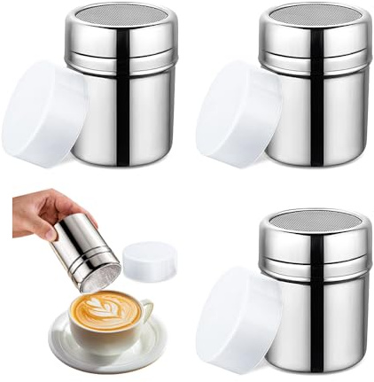 HMCEY 4 Pièces Saupoudreuse Sucre Glace Inox,Saupoudreuse Cacao pour Cappuccino,Saupoudreur Sucre Poudre,Saupoudreur Farine avec Couvercle,Distributeur de Sucres Glace,Sucrier pour Épices, Sel