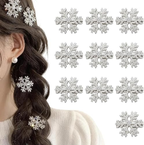 10 st snöflinga hårklämmor, små hårklämmor, hårpärlor, hårklämmor för flickor, hårklämmor med strass, för damer, flickor, till jul, vinter (rätt vinkel)