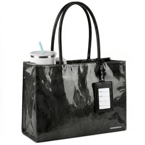 HOMESPON Shopper Damen Groß Wasserdicht, Aesthetic Kraftpapier Handtasche mit Reißverschluss, Robuste PVC Schultertasche für Büro, Uni und Alltag