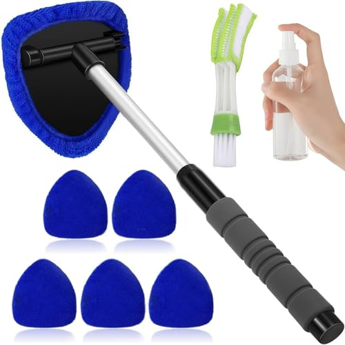 Kiuiom Outil Rétractable pour Nettoyer Le Pare-Brise,Kit D'essuie-Glace Intérieur de Voiture,Brosse de Nettoyage de Pare-Brise avec 6 Tampons en Microfibre,Vaporisateurs,Brosse Climatisation,Bleu