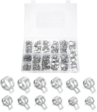 sourcing map 210pcs Spring Band Type Hose Clamps 7/9/10/11/12/14/15/16/18/20/22/25mm Fuel Line Hose Spring Clip Silicone Vacuum Hose Pipe Clamp Low Pressure Tube Clip Fastener, Silver
