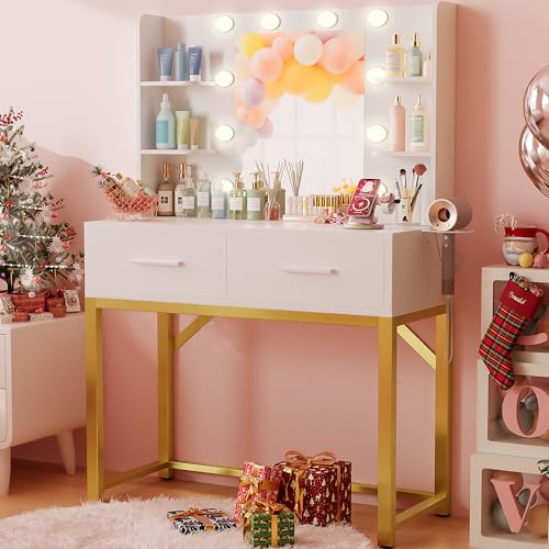 Furmax Vanity Desk with Mirror and LED Light Bulb, Small Makeup Vanity Table with Drawers, Dressing Table with Power Outlet and Hair Drayer Holder for Bedroom (White & Gold)