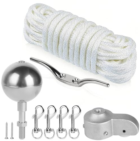 DBREAKS Kit D'accessoires pour Mât de Drapeau, Kit de Pièces de Réparation avec Pointe de Boule Dorée, Ø 5,1 cm Topper avec Poulie, Corde en Nylon de 15 m, Mousqueton, Taquet, pour Déco Maison, Argent