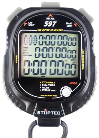Stoptec - Cronometro 597, grande display a 3 righe, meccanismo a punti di pressione, 500 memoria, doppio timer, pacer, misurazione del numero di colpi, display e suono acceso e disattivabile
