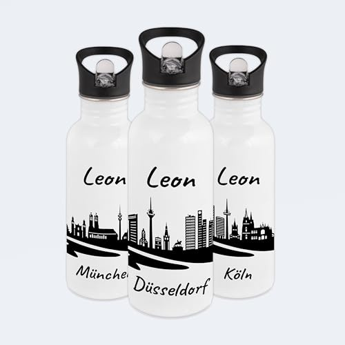 Gravur -Max Kinder Trinkflasche 600 ml personalisiert – auslaufsichere Edelstahl Trinkflasche mit Trinkhalm & Klappdeckel – leicht & robust - mit Skyline von Düsseldorf & Wunschname bedruckt - Weiß