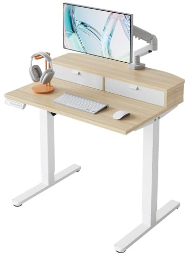 HUANUO 32 x 21 inch Small Electric Standing Desk with 2 Drawers, C-Clamp Mount Compatible, Height Adjustable Sit Stand Desk, Home Office Stand Up Desk with 4 Memory Height Settings, Light Walnut