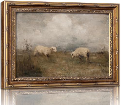 Vintage Gold Framed Farmhouse Animal Wall Art Retro Country Sheep Oil Painting Wall Decor Farm lamb Canvas Prints Retro Rustic Poster Artwork for home decor kitchen Living Bedroom 9x11in