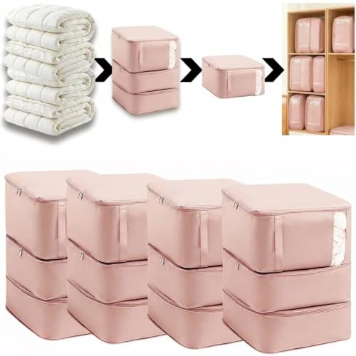 Beiktehy Borsa portaoggetti, 4 pezzi, a compressione, a 3 strati, di grande capacità, colore grigio, con manico rinforzato, per riporre copriletti, coperte (Rosa) | Grandi borse portaoggetti a 3 strati con manico rinforzato, salvaspazio per piumini, coperte e vestiti