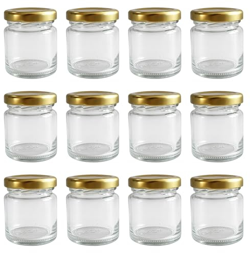 Vitrea Lot de 12 mini pots à confiture de 50 ml - Avec couvercle doré TO 43 - Petits bocaux à remplir avec couvercle à visser - Bocaux vides pour confiture
