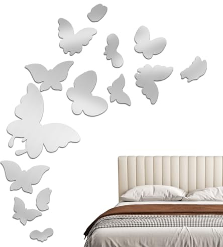 MWUMRCM Mariposas Espejos Pared Decorativos, 14 Pezzi Mariposas Pegatina de Pared Acrílico Plata 3D, Flores Acrílico Pegatinas Decorativas para Habitación Oficina Sala de Estar