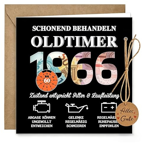 Joinkeicll Lustige Geburtstagskarte 60 Mann mit Umschlag – Karte zum 60. Geburtstag für Männer – Retro Geschenk 1966 Oldtimer als Geldgeschenk