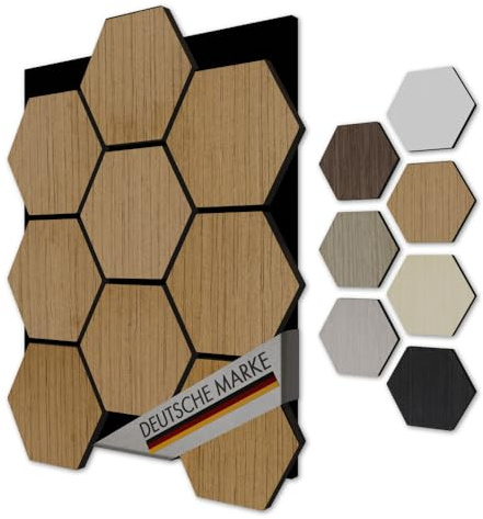 Akustiko Hexagon 3D Panneaux muraux, lot de 5, 567 x 693 mm - Panneaux acoustiques en feutre et panneau support en MDF, placage aspect, design mural haut de gamme (Teak)