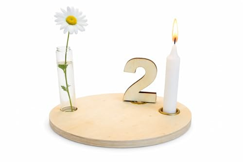 Personalisierbarer Geburtstagsteller aus Holz -DIY – Kinder Geburtstagsdeko mit Kerzenhalter, Vase und Zahlen – wiederverwendbarer Kerzenteller für Baby und Kinder – Ø 16 cm