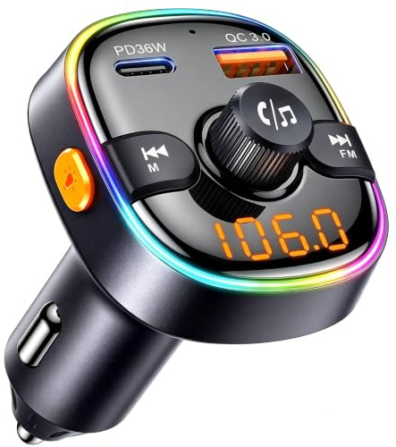 GizmoVine FM Transmitter Auto Bluetooth,Musik Adapter für Auto Radio | 5.3 Bluetooth Transmitter mit PD 36W & QC 18W Schnellladung,Freisprechanlage,Noise Cancelling Mikrofon,LED Licht