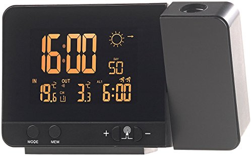 infactory Funk Projektionswecker: Funk-Wetterstation mit Projektions-Wecker, Außensensor & USB, schwarz (Wetterstation mit Projektionsuhr, Funkuhr mit, innen)