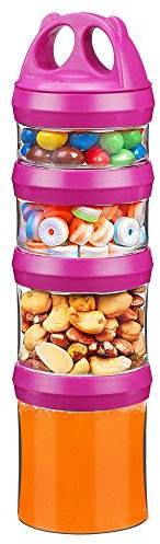 BeneLabel Snack Box, Stackable Snack Pot 4 Compartments 31oz/917ml Portable Food Container Storage Jar Nuts Candy Formula Dispenser with Lid for Travel, BPA Free & Leak-proof, Red