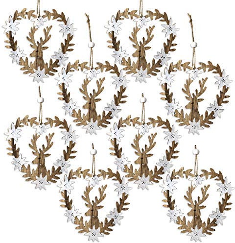 by Robelli Shabby Chic Wooden Christmas Tree Hanging Pendant Baubles Decorations (8 x 14cm Reindeer Wreath)