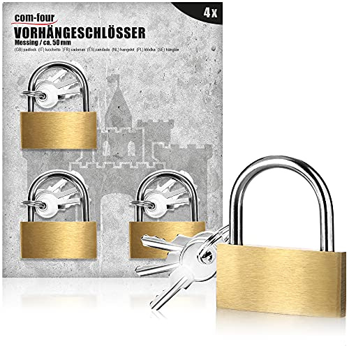 com-four® 4x Vorhängeschloss aus Messing, Sicherheitsschloss mit 3 | Vorhangschloss für Haushalt und Arbeit