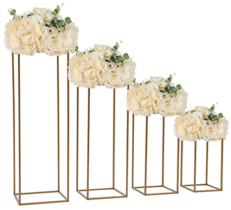 4x Blumenständer Metall, Eckiger Deko Pflanzenständer Rechteckiger Vasenständer Blumenhocker Outdoor Wetterfest Abnehmbar, ideal als Blumenständer für Draußen & Innen Party, Hochzeit, Straße, Gold