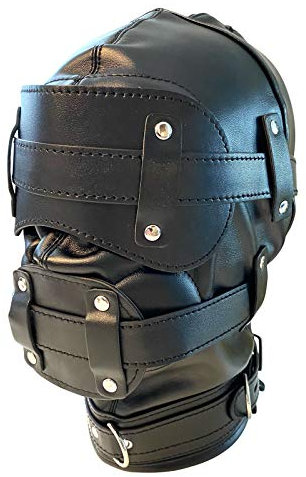 Tula-Toys Bondage Leder Maske Kopfmaske schwarz mit Dildo Mundknebel und Augenbinde
