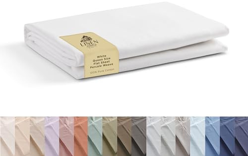 Linen Home 100% Cotton Percale 1 Flat Sheet, Queen Size - Crisp, Cool and Strong Bed Linen, Luxury Breathable Sheet, White