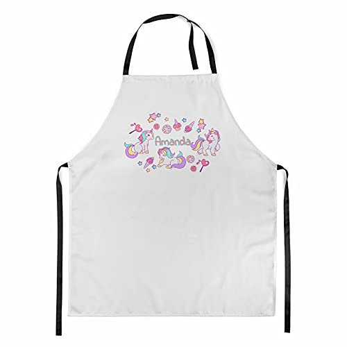 Ferocity Personalisierter Kinderschürze Kind Malschürze Kunstkittel Kochschürze Apron Werkschürze mit einem motiv Weiß mit Namen Motiv Süßigkeiten Einhörner [074]
