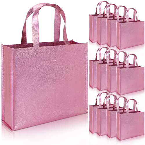 12 Große Geschenktüten mit HenkelVlies stilvolle Tragetaschen zum Geburtstag Hochzeit Geschenkverpackung party, Wiederverwendbare glänzende Einkaufstüten (Rosa)
