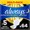 Always Ultra Binden Damen Gr. 5, Secure Night Extra, 64 Damenbinden mit Flügeln (4 x 16 Stück) Multipack, dünn und super saugfähig, geruchsneutralisierend und Auslaufschutz