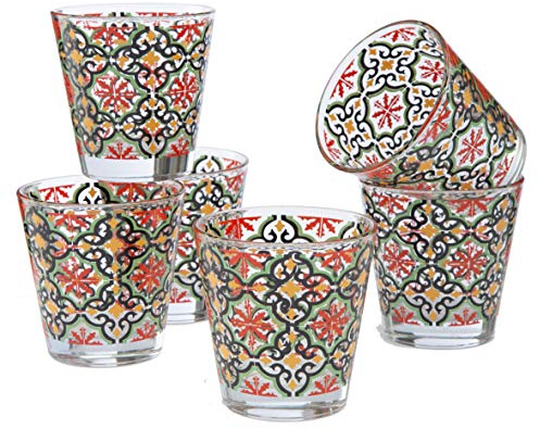 Baroni Home Set 6 Bicchieri Acqua con Decoro Colorato Stampato, Bicchieri in Vetro Colorati MADE IN ITALY, Bicchieri Lavabili in Lavastoviglie, 25 CL, Fantasia Cefalù