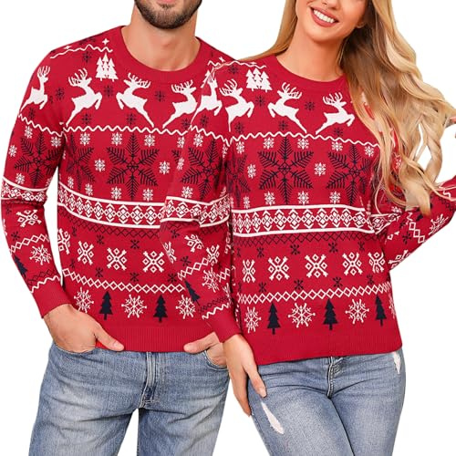 Irdcomps Maglione Natalizio Uomo Maglia di Natale Coppia con Stampa Fiocco di Neve di Alce Maglioni a Maniche Lunghe per Autunno-Inverno Rosso