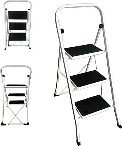 Schwerlast Trittleiter Bis 150 KG, Stabile Kleinleiter, Haushaltsleiter mit Extra Breite Anti-Rutsch Stufen, Klapptritt 3 Stufen, Klappbar Stufenleiter, asul Stahl